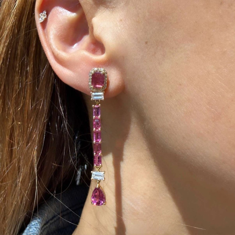 14k Yellow Gold Pink Tourmaline & Diamond Drop Earrings