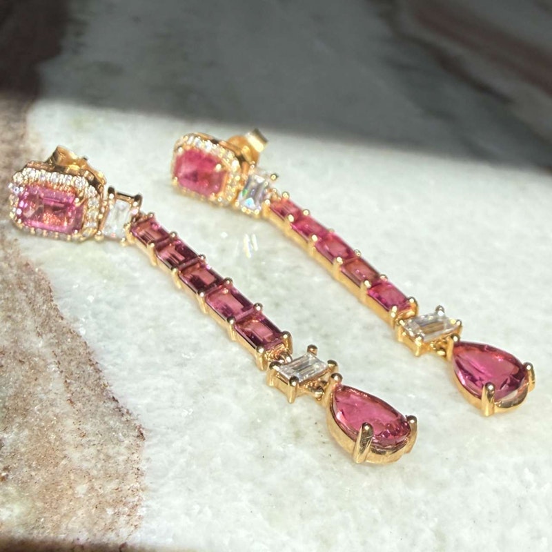 14k Yellow Gold Pink Tourmaline & Diamond Drop Earrings