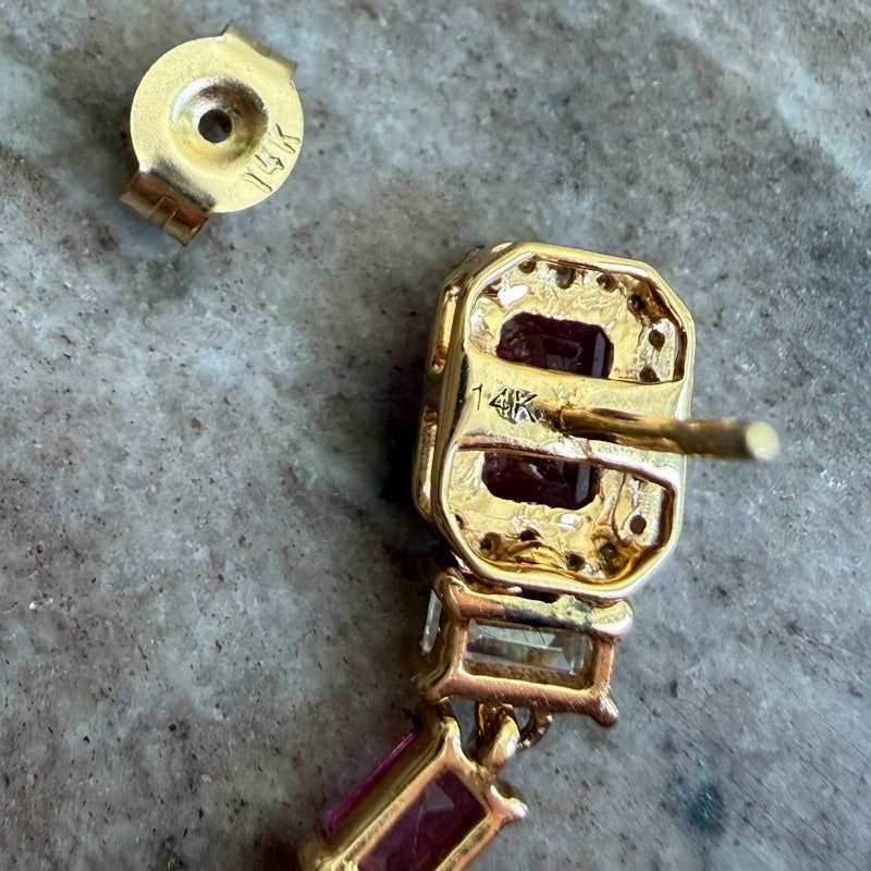 14k Yellow Gold Pink Tourmaline & Diamond Drop Earrings