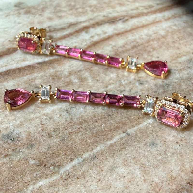 14k Yellow Gold Pink Tourmaline & Diamond Drop Earrings