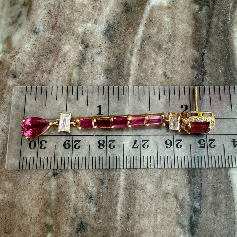14k Yellow Gold Pink Tourmaline & Diamond Drop Earrings