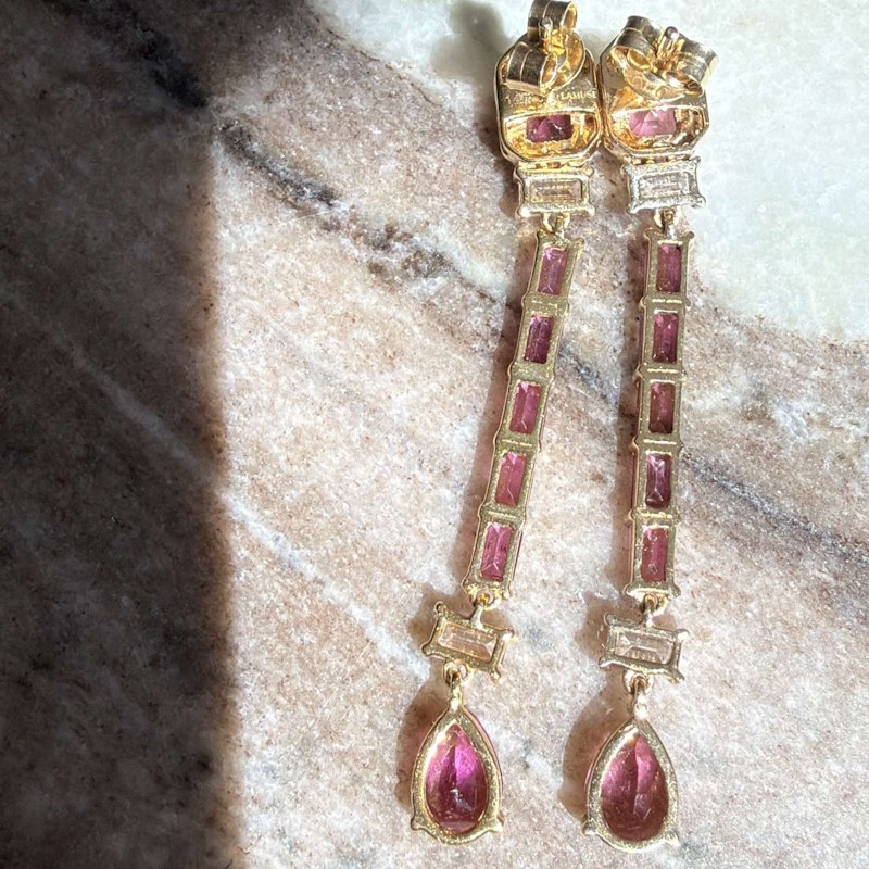 14k Yellow Gold Pink Tourmaline & Diamond Drop Earrings