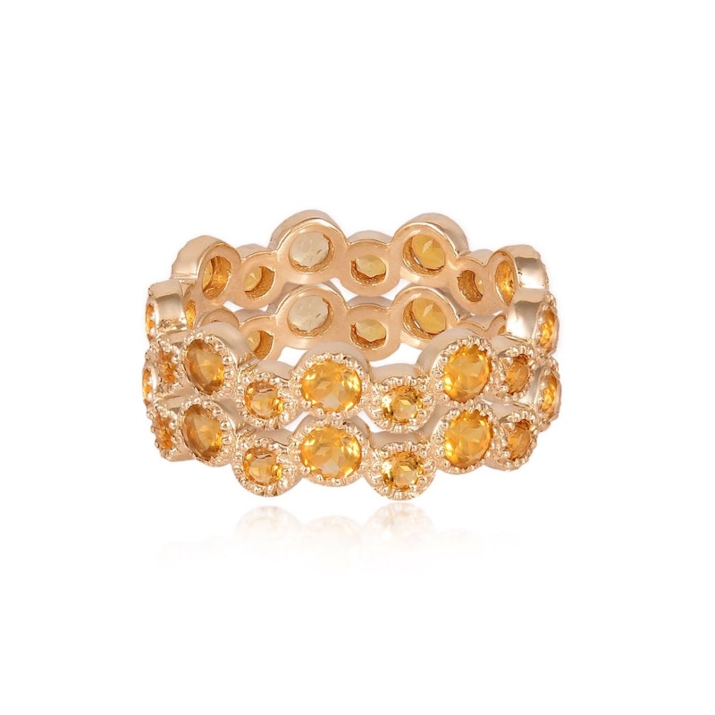 14k Yellow Gold Round Beaded Bezel Set Citrine Eternity Rings, set of 2
