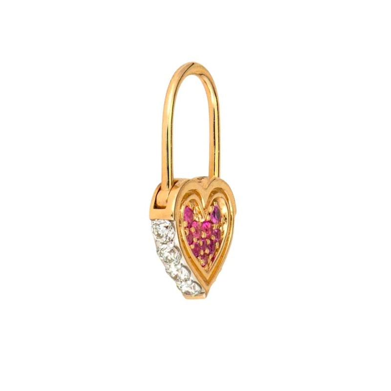 Three Stories Diamond & Pink Sapphire Unlock Love Heart Hoop Earring, 1 of 2