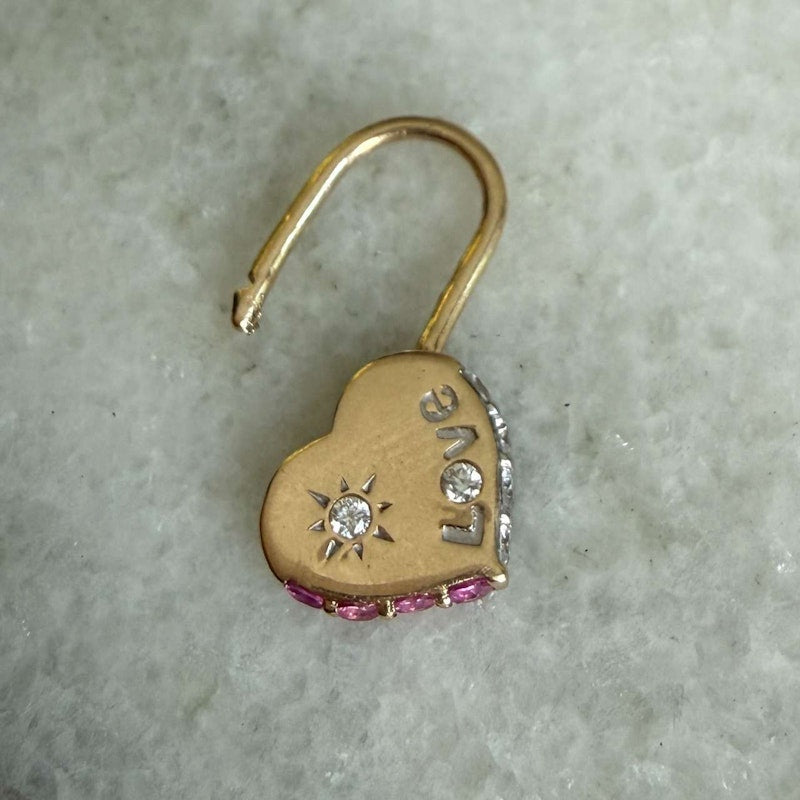 Three Stories Diamond & Pink Sapphire Unlock Love Heart Hoop Earring, 1 of 2