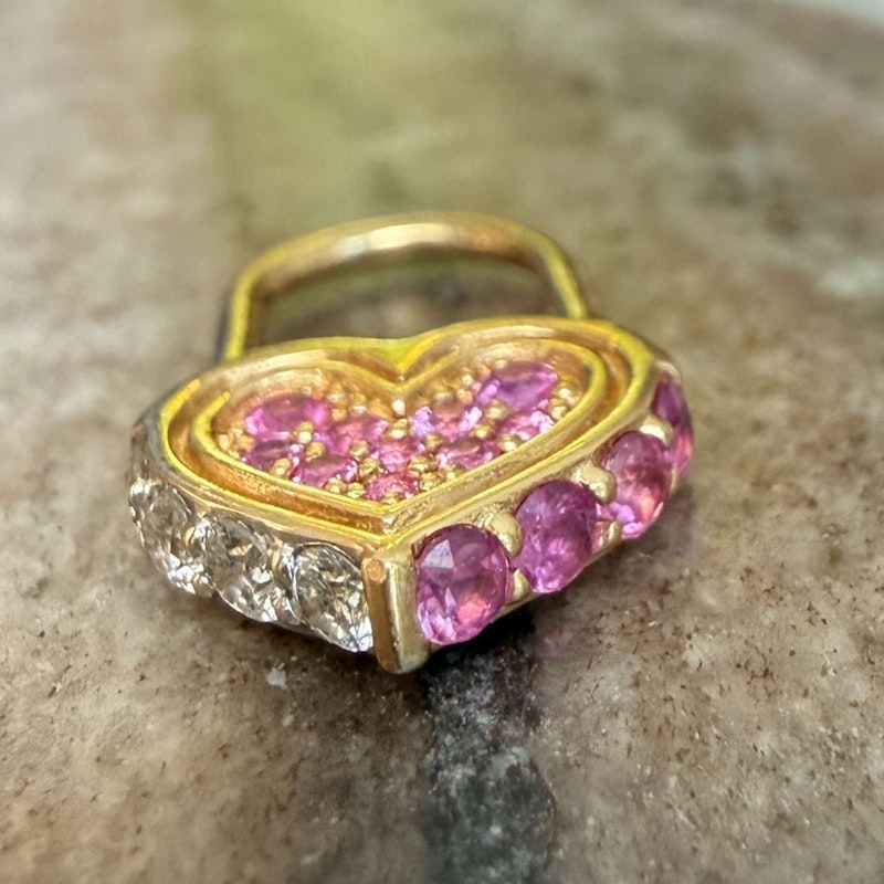 Three Stories Diamond & Pink Sapphire Unlock Love Heart Hoop Earring, 1 of 2
