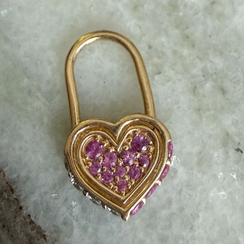 Three Stories Diamond & Pink Sapphire Unlock Love Heart Hoop Earring, 1 of 2