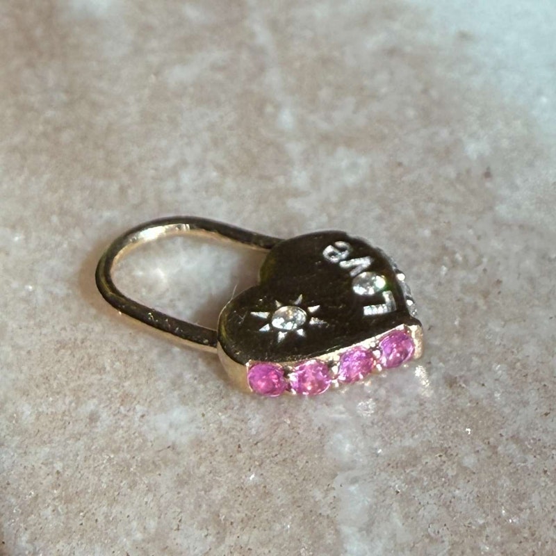 Three Stories Diamond & Pink Sapphire Unlock Love Heart Hoop Earring, 1 of 2