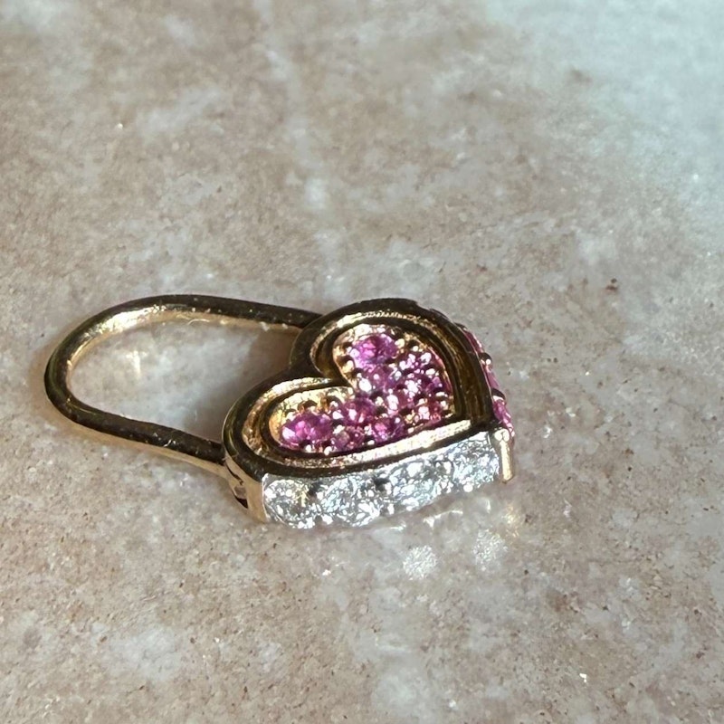 Three Stories Diamond & Pink Sapphire Unlock Love Heart Hoop Earring, 1 of 2