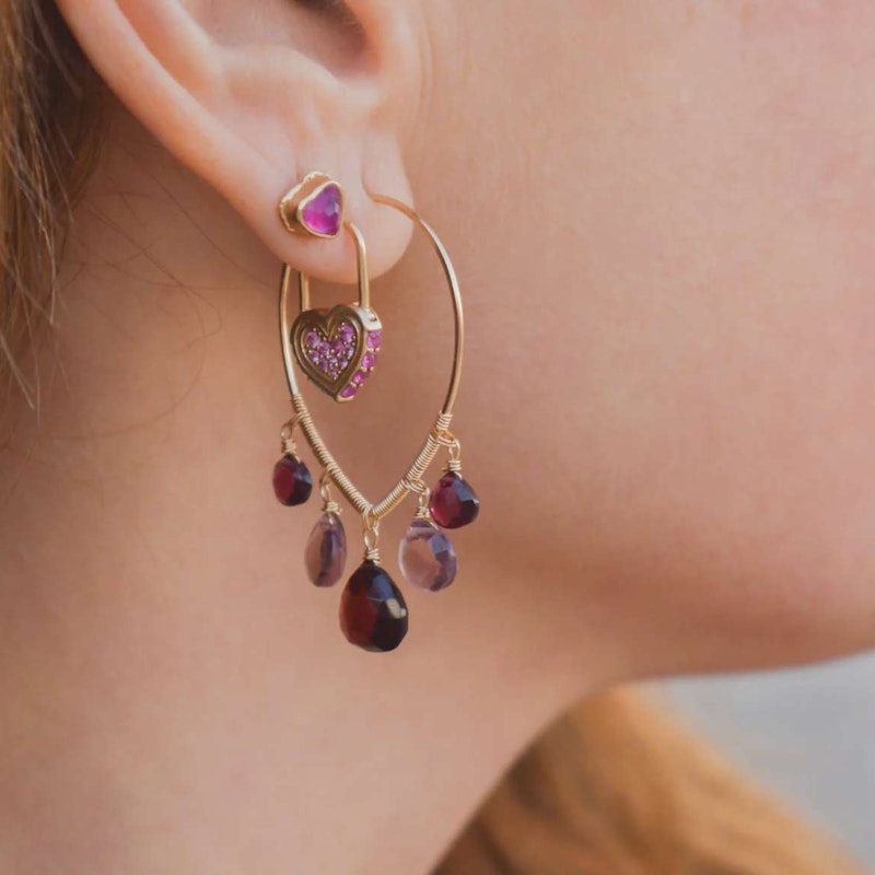 Three Stories Diamond & Pink Sapphire Unlock Love Heart Hoop Earring, 1 of 2