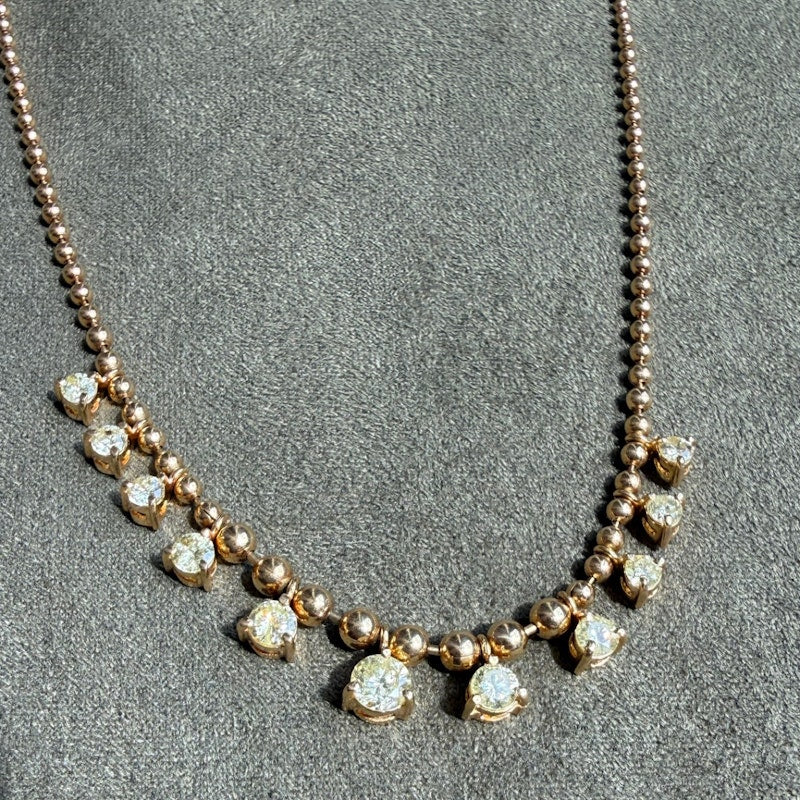 18k Yellow Gold Ball Chain Diamond Fringe Necklace