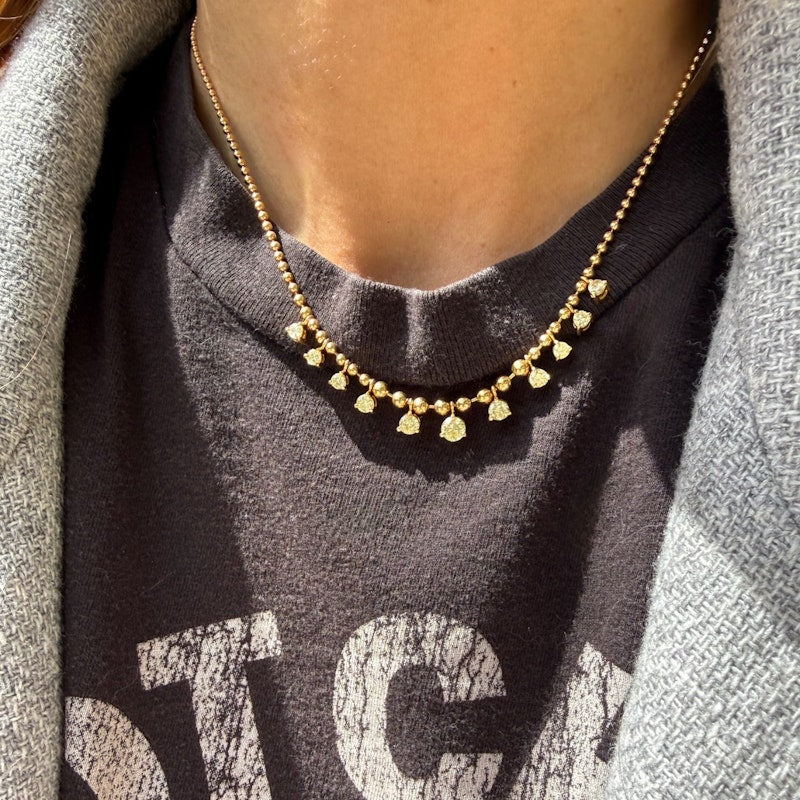 18k Yellow Gold Ball Chain Diamond Fringe Necklace
