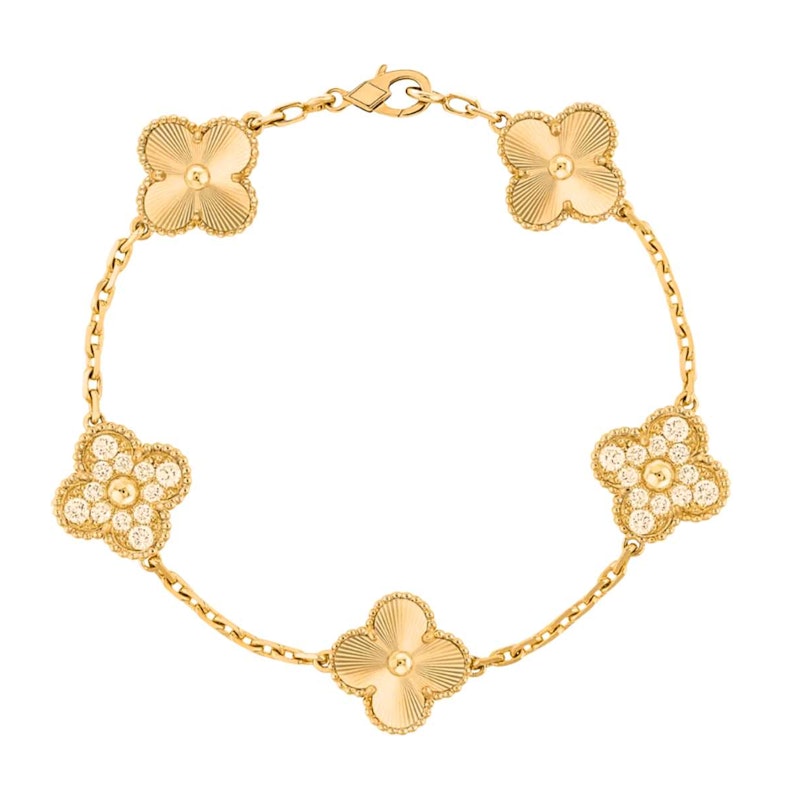 Van Cleef & Arpels Vintage Alhambra 18k Yellow Gold Diamond Bracelet, 5 Motifs
