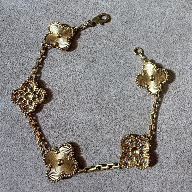 Van Cleef & Arpels Vintage Alhambra 18k Yellow Gold Diamond Bracelet, 5 Motifs