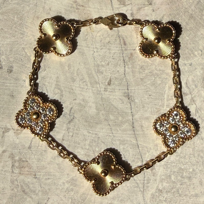 Van Cleef & Arpels Vintage Alhambra 18k Yellow Gold Diamond Bracelet, 5 Motifs
