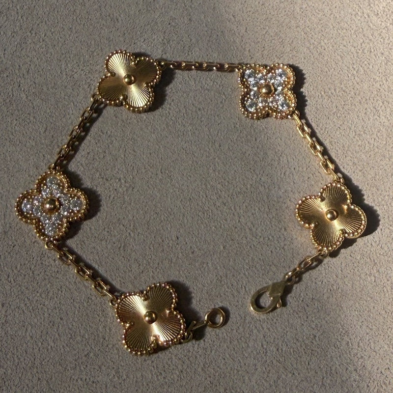 Van Cleef & Arpels Vintage Alhambra 18k Yellow Gold Diamond Bracelet, 5 Motifs