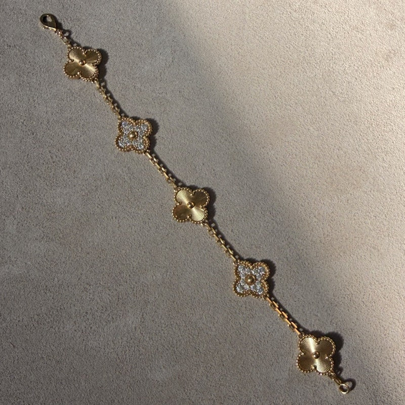 Van Cleef & Arpels Vintage Alhambra 18k Yellow Gold Diamond Bracelet, 5 Motifs