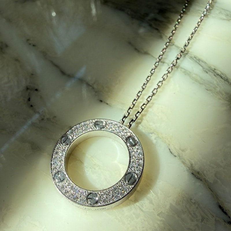 Cartier LOVE 18k White Gold Diamond Pavé Circle Pendant Necklace