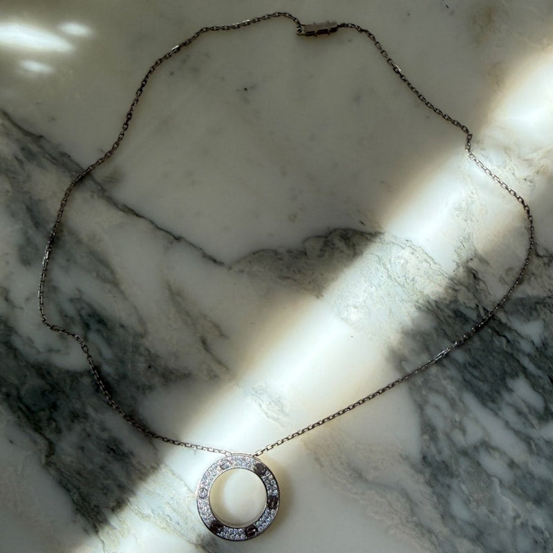 Cartier LOVE 18k White Gold Diamond Pavé Circle Pendant Necklace