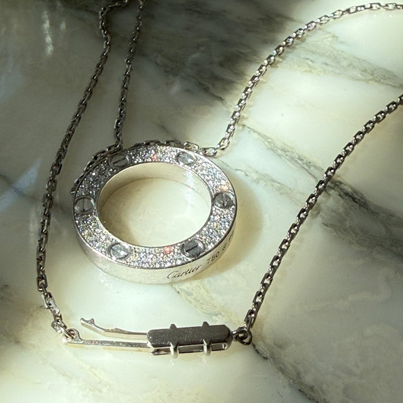 Cartier LOVE 18k White Gold Diamond Pavé Circle Pendant Necklace