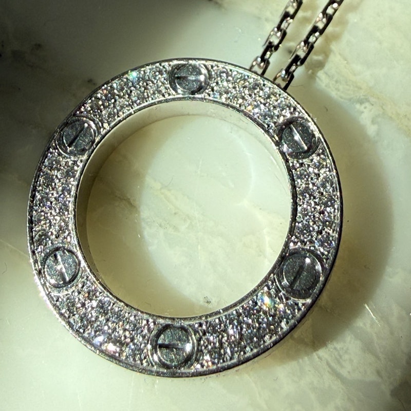 Cartier LOVE 18k White Gold Diamond Pavé Circle Pendant Necklace