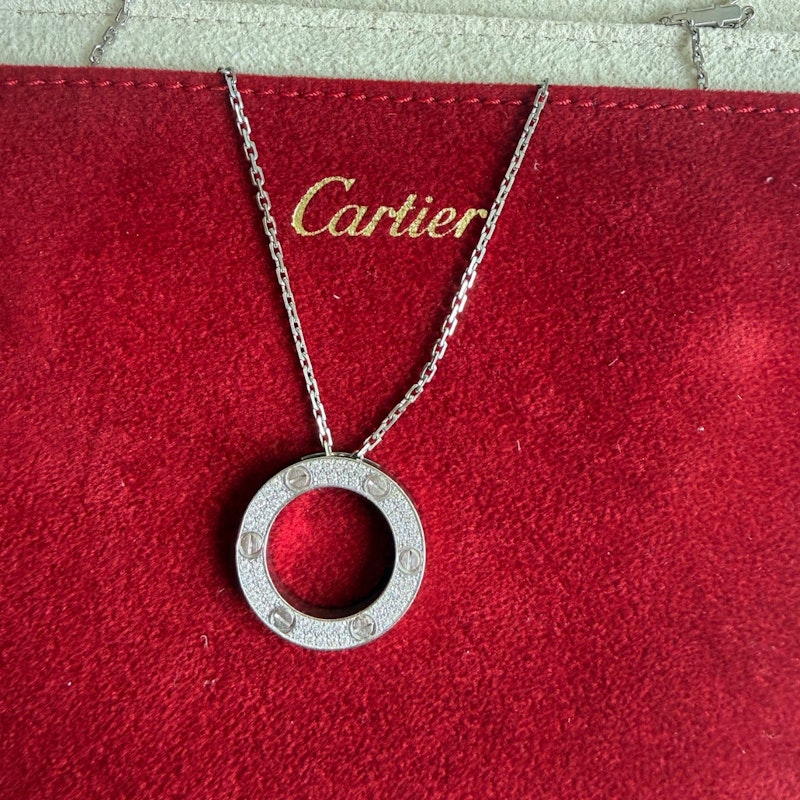 Cartier LOVE 18k White Gold Diamond Pavé Circle Pendant Necklace