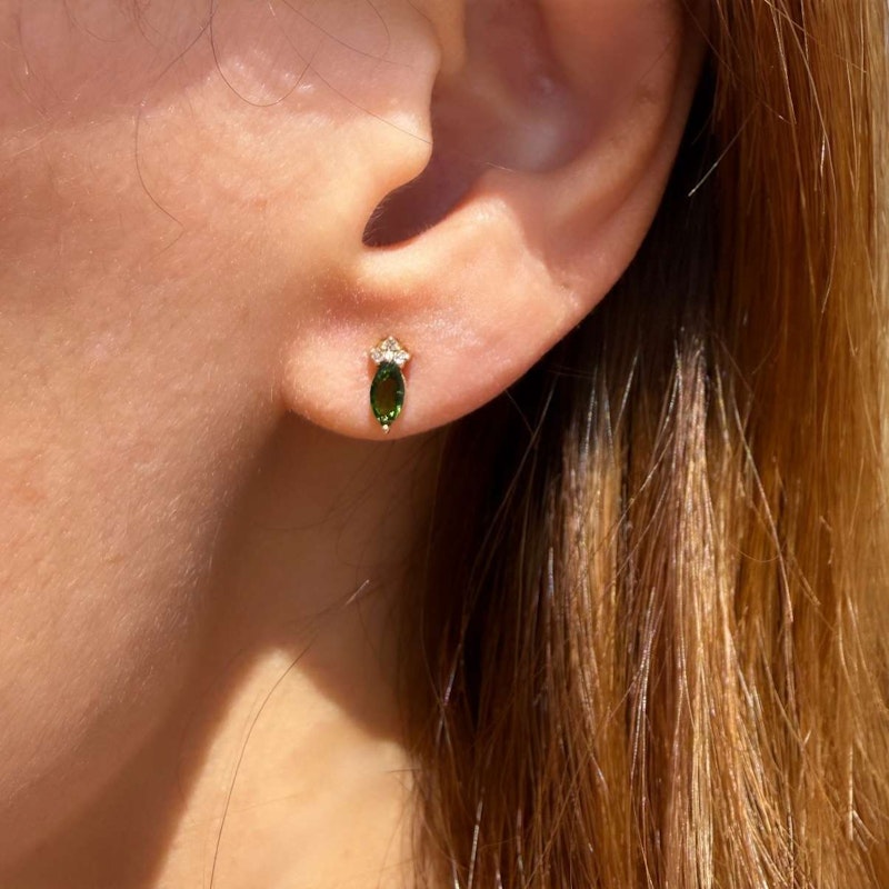 14k Yellow Gold Green Tourmaline & Diamond Marquise Stud Earrings