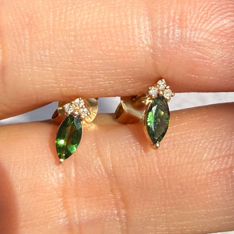 14k Yellow Gold Green Tourmaline & Diamond Marquise Stud Earrings
