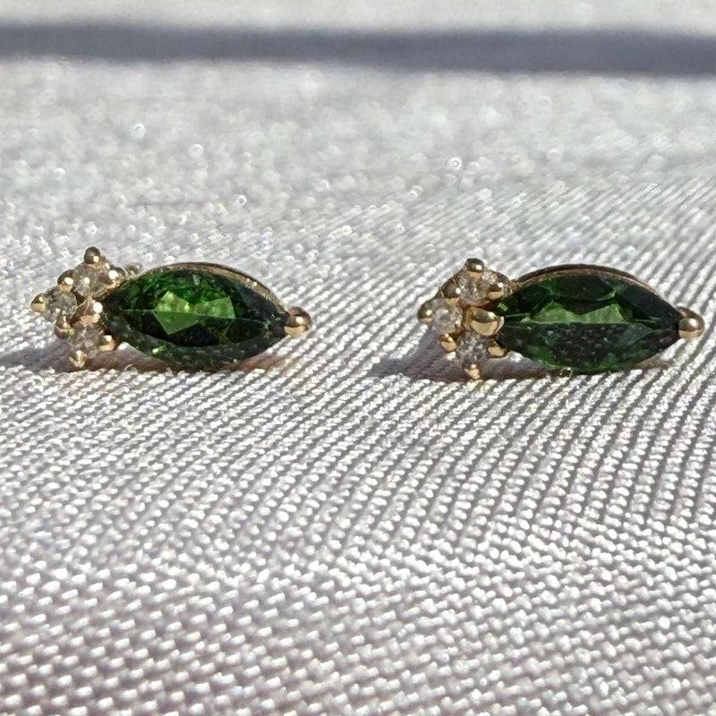 14k Yellow Gold Green Tourmaline & Diamond Marquise Stud Earrings