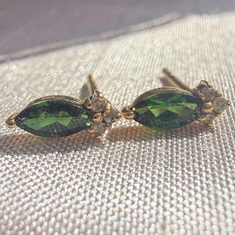 14k Yellow Gold Green Tourmaline & Diamond Marquise Stud Earrings