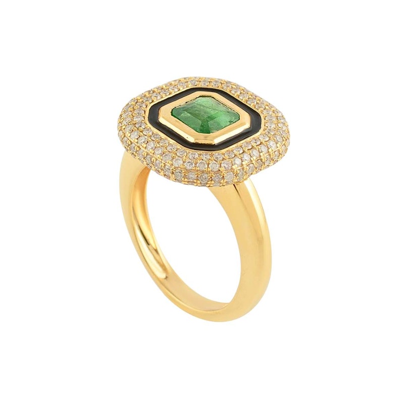 14k Yellow Gold Emerald, Diamond & Black Enamel Halo Ring