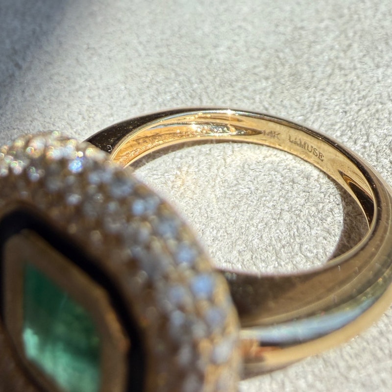 14k Yellow Gold Emerald, Diamond & Black Enamel Halo Ring