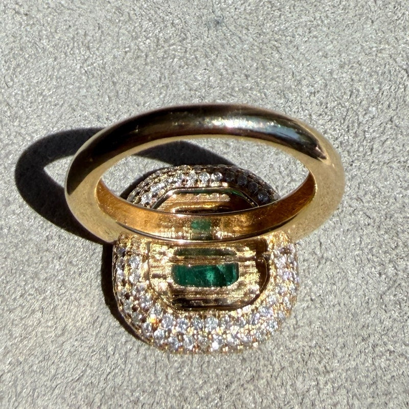 14k Yellow Gold Emerald, Diamond & Black Enamel Halo Ring