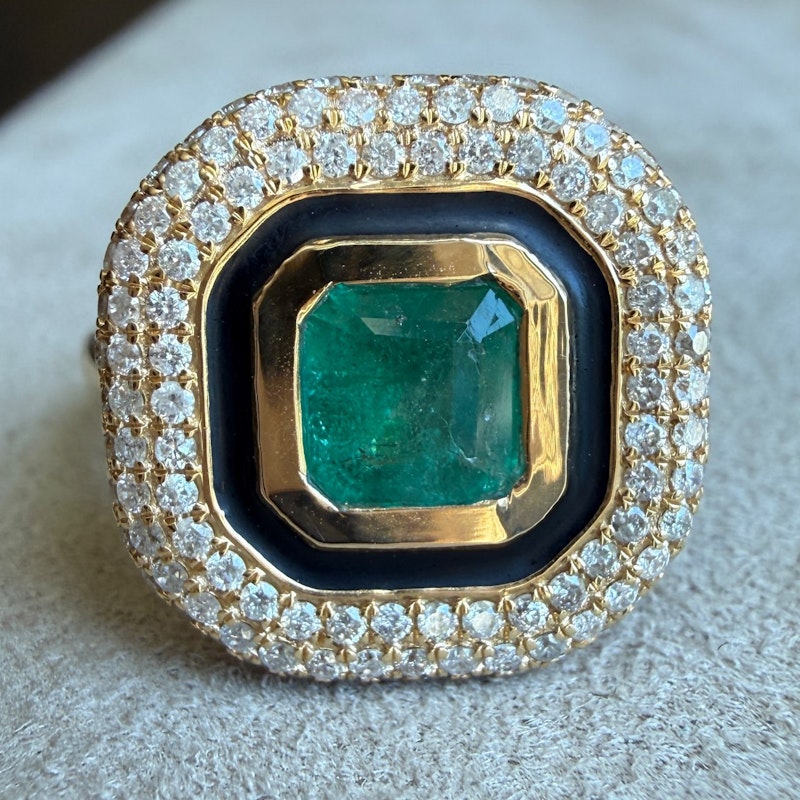14k Yellow Gold Emerald, Diamond & Black Enamel Halo Ring