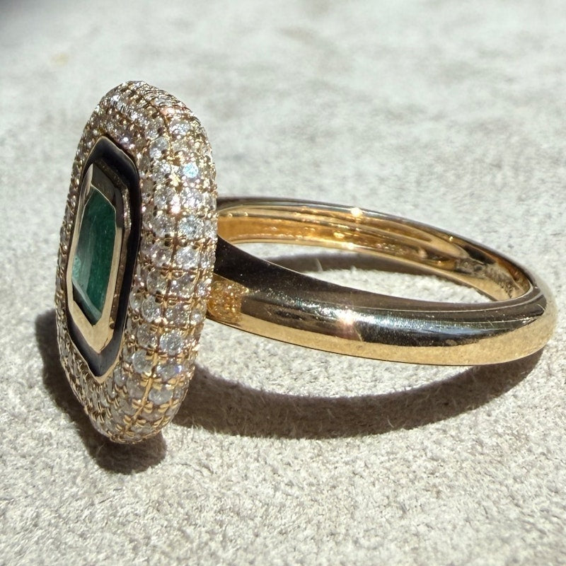 14k Yellow Gold Emerald, Diamond & Black Enamel Halo Ring