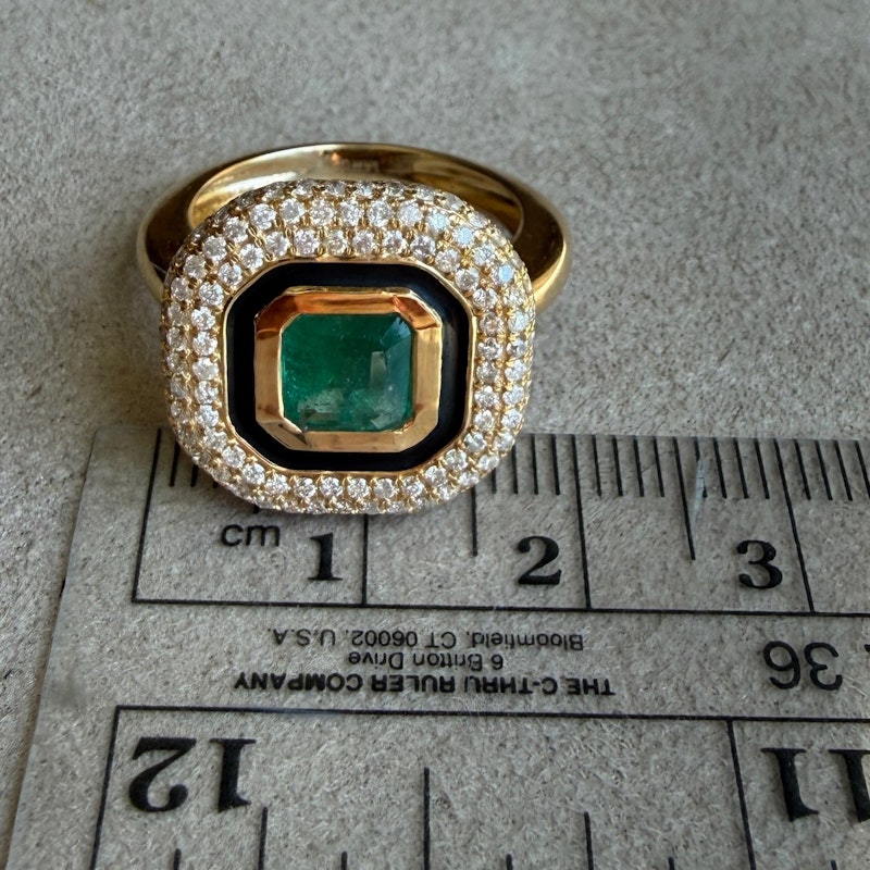 14k Yellow Gold Emerald, Diamond & Black Enamel Halo Ring