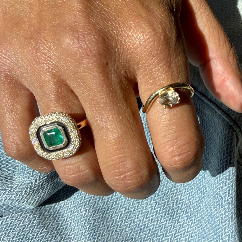 14k Yellow Gold Emerald, Diamond & Black Enamel Halo Ring