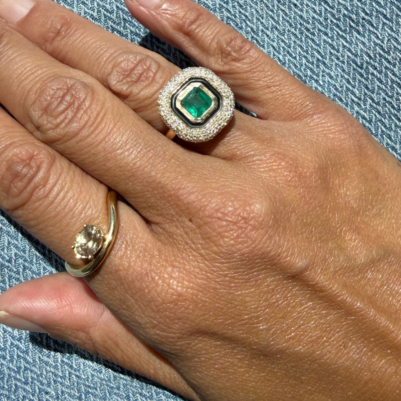 14k Yellow Gold Emerald, Diamond & Black Enamel Halo Ring
