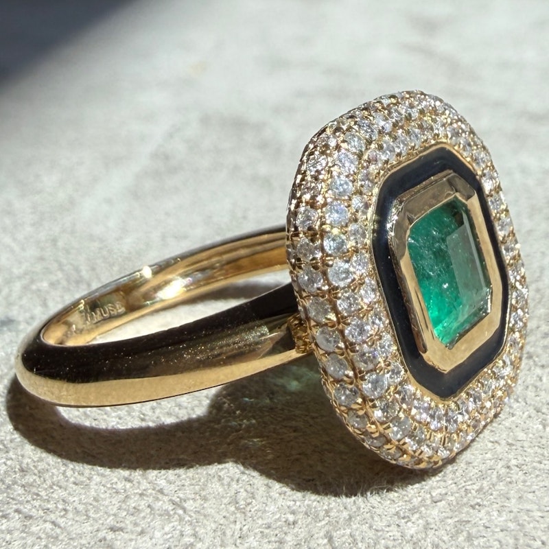 14k Yellow Gold Emerald, Diamond & Black Enamel Halo Ring