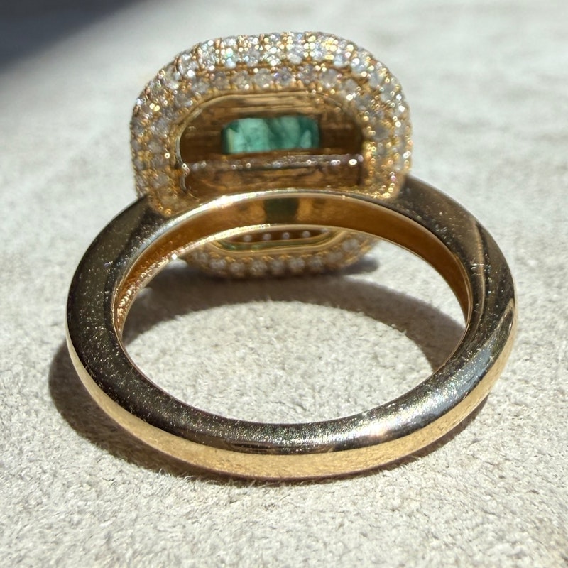 14k Yellow Gold Emerald, Diamond & Black Enamel Halo Ring