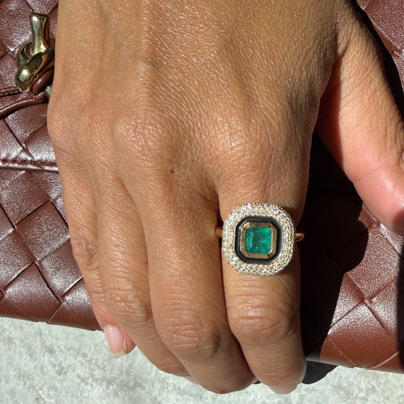 14k Yellow Gold Emerald, Diamond & Black Enamel Halo Ring