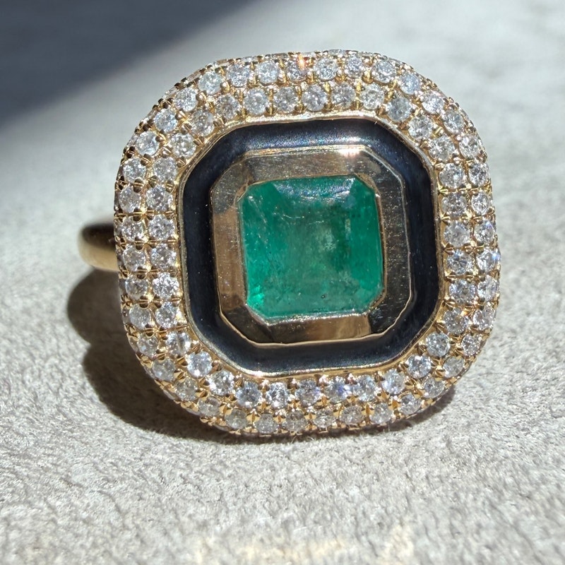14k Yellow Gold Emerald, Diamond & Black Enamel Halo Ring