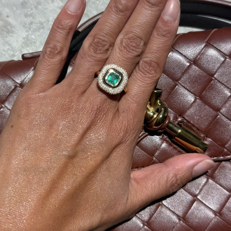 14k Yellow Gold Emerald, Diamond & Black Enamel Halo Ring