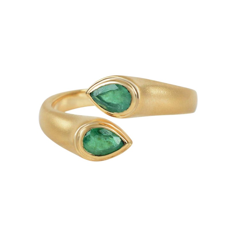 14k Yellow Gold Pear Cut Emerald Open Wrap Ring