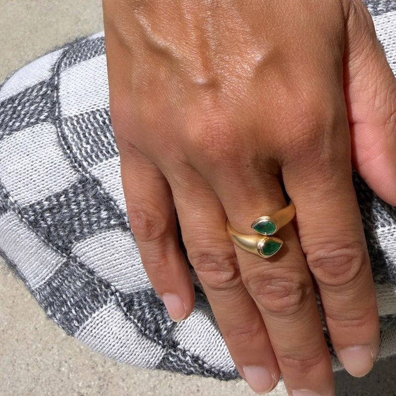 14k Yellow Gold Pear Cut Emerald Open Wrap Ring