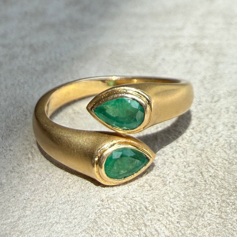 14k Yellow Gold Pear Cut Emerald Open Wrap Ring