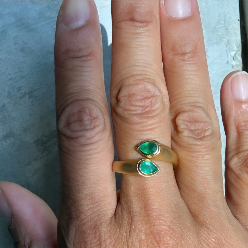14k Yellow Gold Pear Cut Emerald Open Wrap Ring