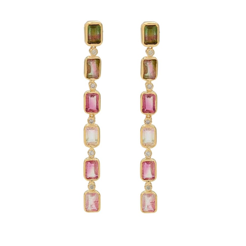 14k Yellow Gold Tourmaline & Diamond Vertical Drop Earrings