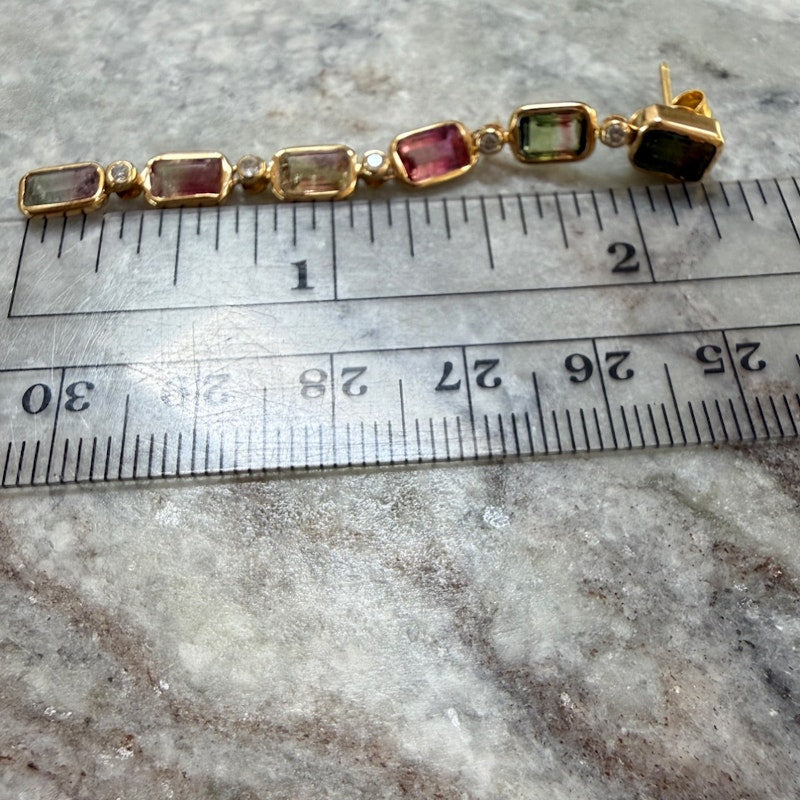 14k Yellow Gold Tourmaline & Diamond Vertical Drop Earrings