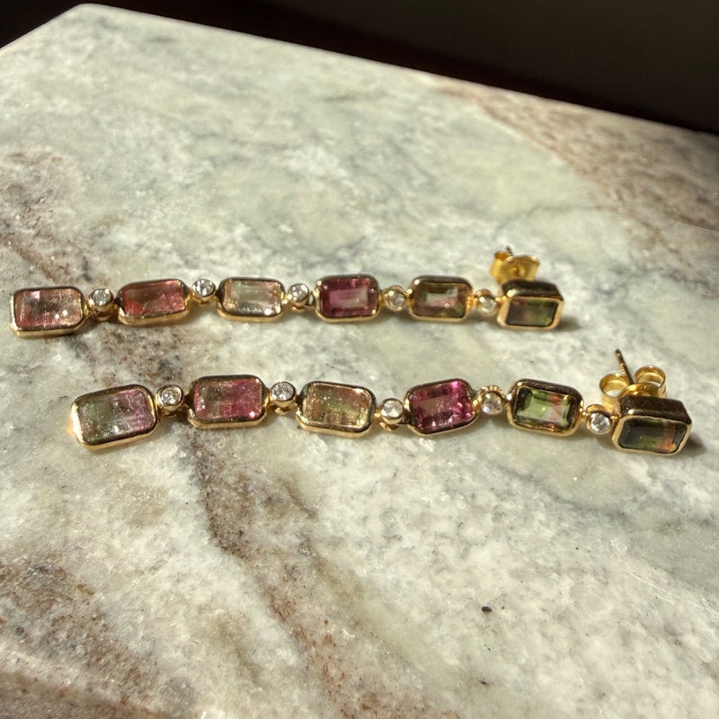 14k Yellow Gold Tourmaline & Diamond Vertical Drop Earrings